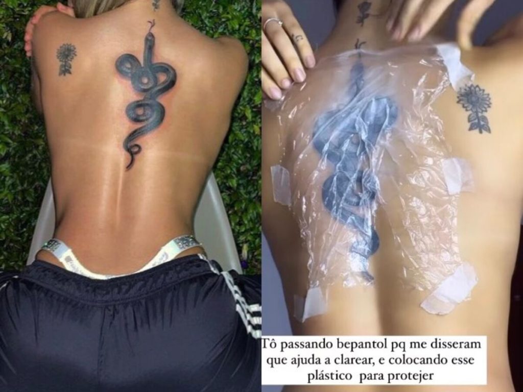 Atriz comentou sobre o desenho de cobra que Nathalia Valente realizou, mas acabou arrependia. Marina declarou não ter nenhuma tatuagem