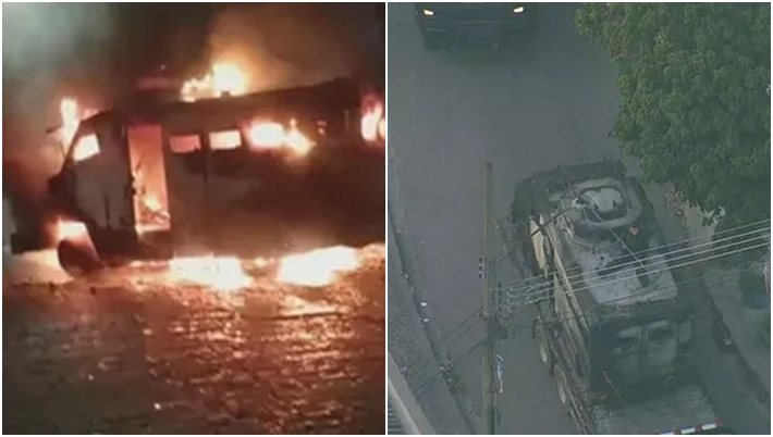 O incêndio teve início na parte de baixa do veículo blindado da PM