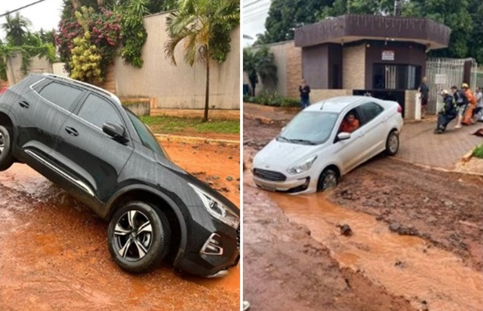 Carros são consumidos por buraco durante fortes chuvas